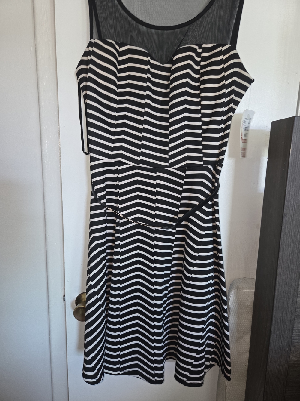 Janette Plus Black and White Striped Sleeveless Midi Dress with Sheer Yoke
